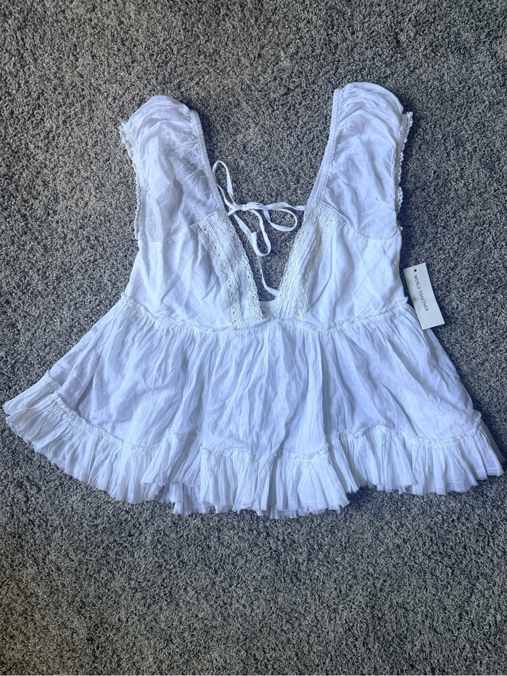 Together White Ruffled Cotton Peplum Tank Tie Back
